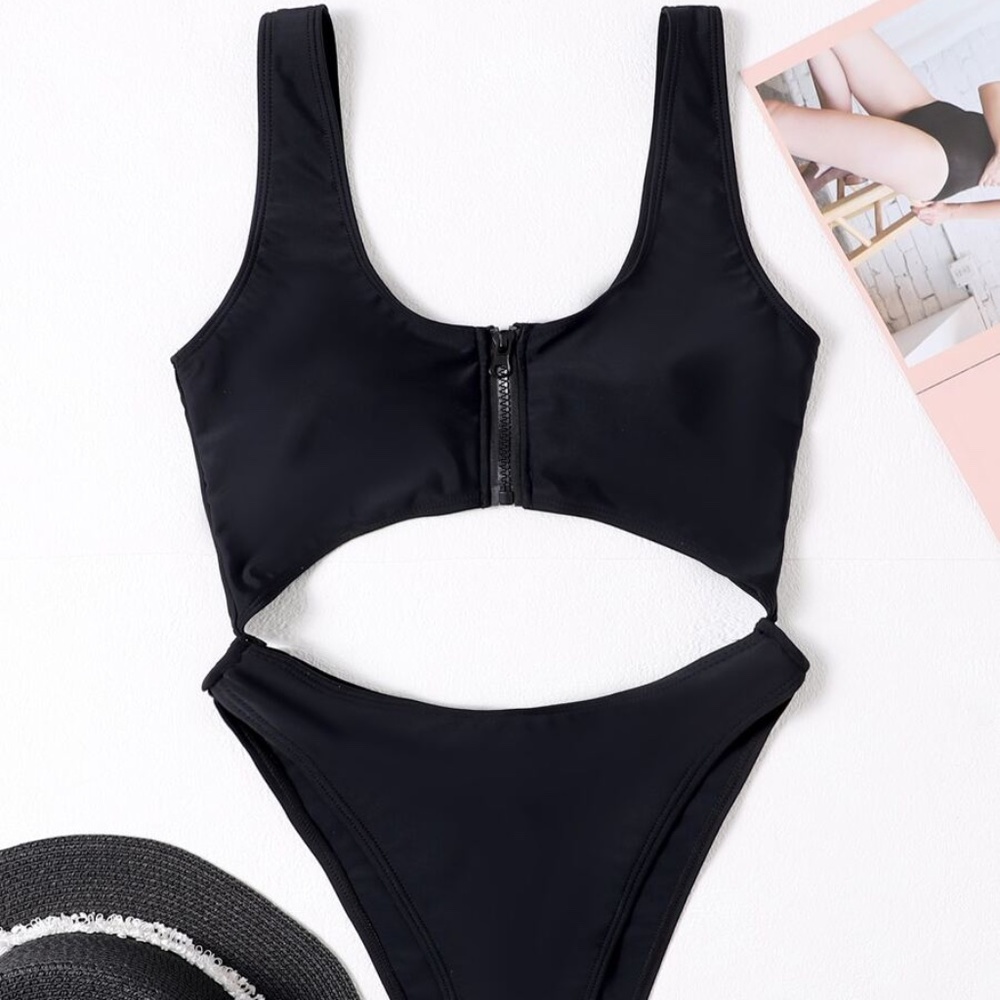 Cut Out Zip Front One Piece Swimsuit